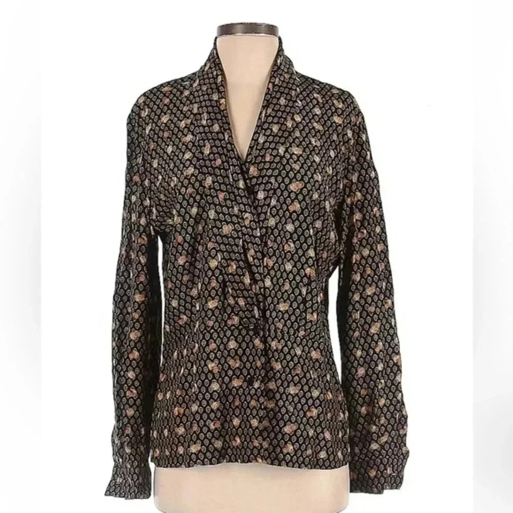 Vintage Dana Buchman | 100% Silk Black & Gold Button Down Blouse Size 8 Medium M